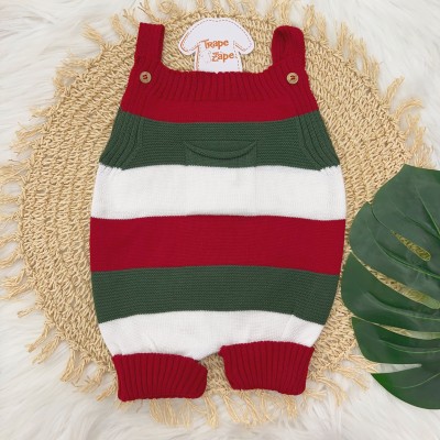    Jardineira Curta de Linha - Bolsinho e Listras Grossas Vermelho e Verde Militar 